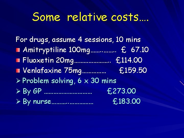 Some relative costs…. For drugs, assume 4 sessions, 10 mins Amitryptiline 100 mg……. .
