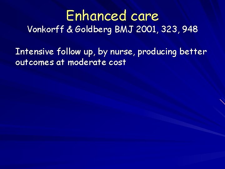 Enhanced care Vonkorff & Goldberg BMJ 2001, 323, 948 Intensive follow up, by nurse,