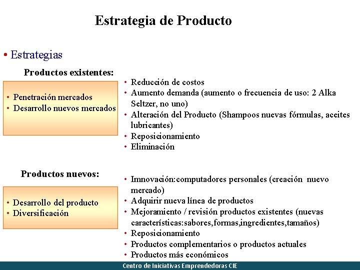 Estrategia de Producto • Estrategias Productos existentes: • Reducción de costos • Aumento demanda