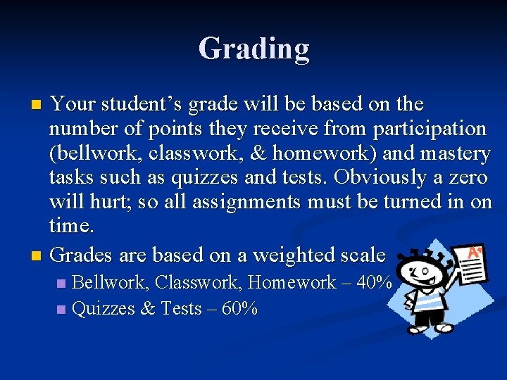Grading Your student’s grade will be based on the number of points they receive