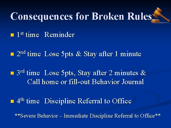 Consequences for Broken Rules n 1 st time Reminder n 2 nd time Lose