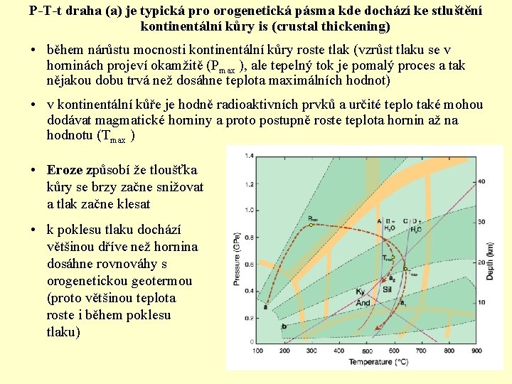 P-T-t draha (a) je typická pro orogenetická pásma kde dochází ke stluštění kontinentální kůry