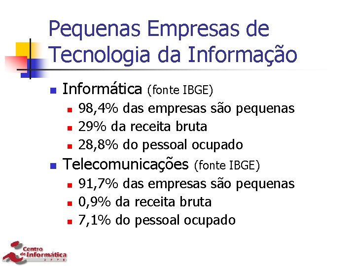Pequenas Empresas de Tecnologia da Informação n Informática n n (fonte IBGE) 98, 4%
