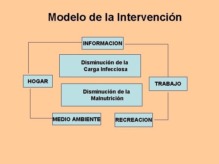 Modelo de la Intervención INFORMACION Disminución de la Carga Infecciosa HOGAR TRABAJO Disminución de