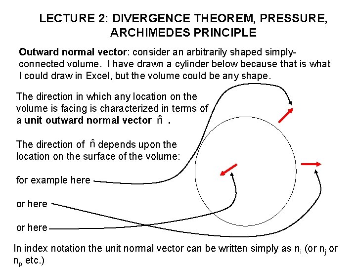 LECTURE 2: DIVERGENCE THEOREM, PRESSURE, ARCHIMEDES PRINCIPLE Outward normal vector: consider an arbitrarily shaped