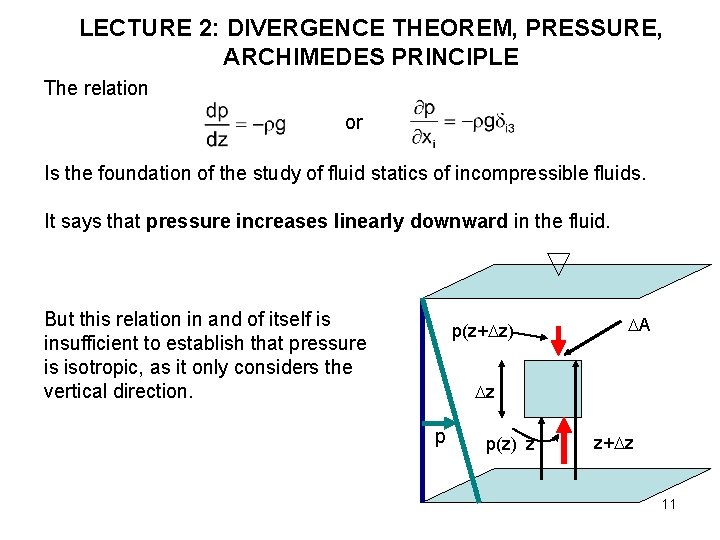 LECTURE 2: DIVERGENCE THEOREM, PRESSURE, ARCHIMEDES PRINCIPLE The relation or Is the foundation of