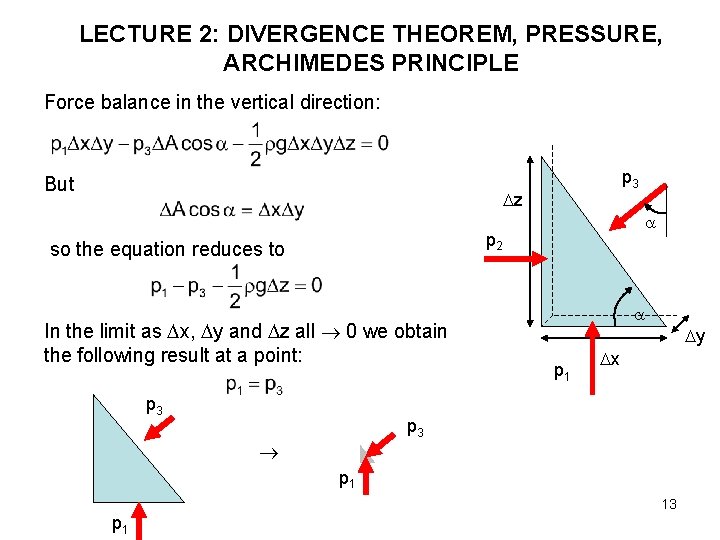 LECTURE 2: DIVERGENCE THEOREM, PRESSURE, ARCHIMEDES PRINCIPLE Force balance in the vertical direction: But LECTURE 2: DIVERGENCE THEOREM, PRESSURE, ARCHIMEDES PRINCIPLE Force balance in the vertical direction: But