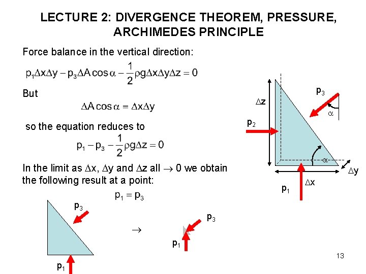 LECTURE 2: DIVERGENCE THEOREM, PRESSURE, ARCHIMEDES PRINCIPLE Force balance in the vertical direction: But
