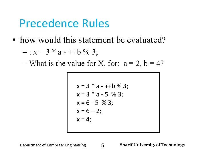 Input and Output – Lecture 4 Precedence Rules • how would this statement be