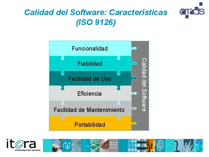 Calidad del Software: Características (ISO 9126) Funcionalidad Facilidad de Uso Eficiencia Facilidad de Mantenimiento