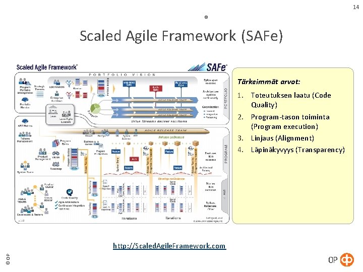 14 ® Scaled Agile Framework (SAFe) Tärkeimmät arvot: 1. Toteutuksen laatu (Code Quality) 2. 14 ® Scaled Agile Framework (SAFe) Tärkeimmät arvot: 1. Toteutuksen laatu (Code Quality) 2.