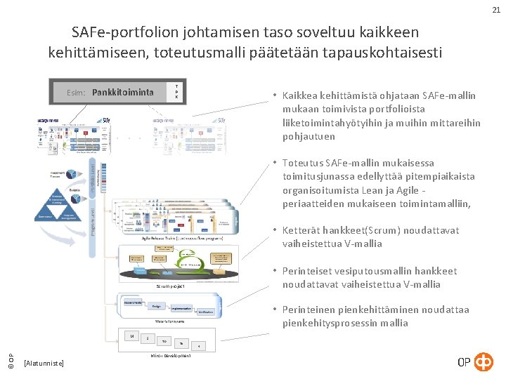 21 SAFe-portfolion johtamisen taso soveltuu kaikkeen kehittämiseen, toteutusmalli päätetään tapauskohtaisesti T P K Esim: 21 SAFe-portfolion johtamisen taso soveltuu kaikkeen kehittämiseen, toteutusmalli päätetään tapauskohtaisesti T P K Esim: