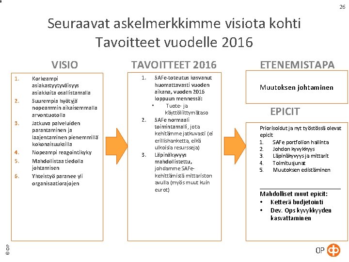 26 Seuraavat askelmerkkimme visiota kohti Tavoitteet vuodelle 2016 VISIO 1. 2. 3. 4. 5. 26 Seuraavat askelmerkkimme visiota kohti Tavoitteet vuodelle 2016 VISIO 1. 2. 3. 4. 5.