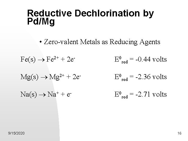Reductive Dechlorination by Pd/Mg • Zero-valent Metals as Reducing Agents Fe(s) ® Fe 2+