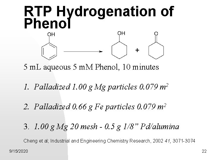 RTP Hydrogenation of Phenol 5 m. L aqueous 5 m. M Phenol, 10 minutes