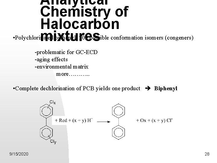 Analytical Chemistry of Halocarbon • Polychlorinated biphenyl, 209 possible conformation isomers (congeners) mixtures -problematic