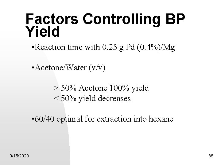 Factors Controlling BP Yield • Reaction time with 0. 25 g Pd (0. 4%)/Mg