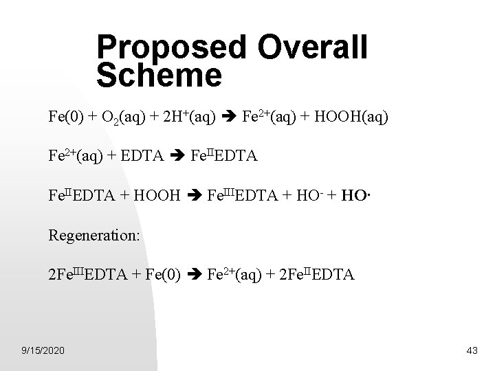 Proposed Overall Scheme Fe(0) + O 2(aq) + 2 H+(aq) Fe 2+(aq) + HOOH(aq)