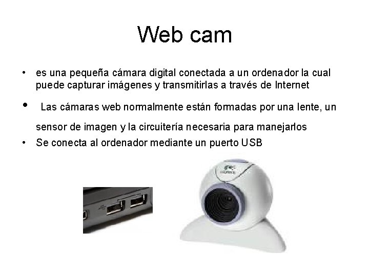 Web cam • es una pequeña cámara digital conectada a un ordenador la cual