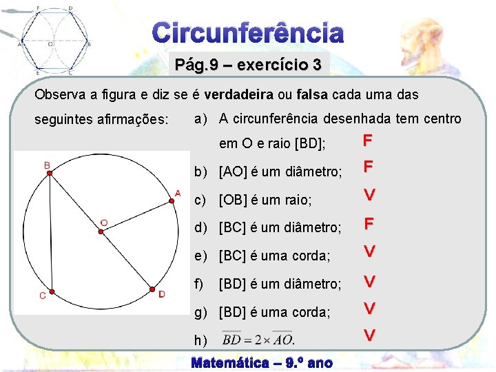 Circunferência Pág. 9 – exercício 3 Observa a figura e diz se é verdadeira Circunferência Pág. 9 – exercício 3 Observa a figura e diz se é verdadeira