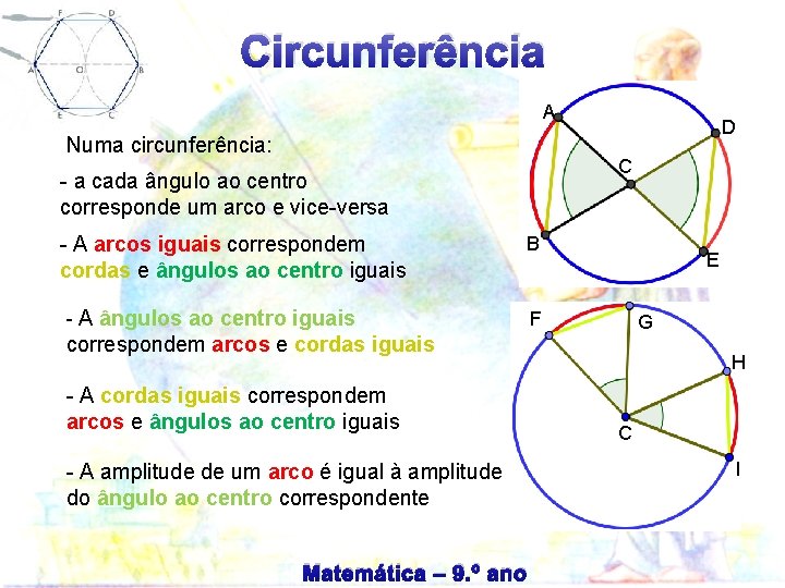 Circunferência A Numa circunferência: C - a cada ângulo ao centro corresponde um arco Circunferência A Numa circunferência: C - a cada ângulo ao centro corresponde um arco