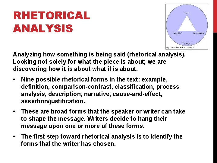 RHETORICAL ANALYSIS Analyzing how something is being said (rhetorical analysis). Looking not solely for