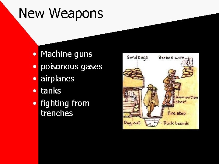 New Weapons • • • Machine guns poisonous gases airplanes tanks fighting from trenches