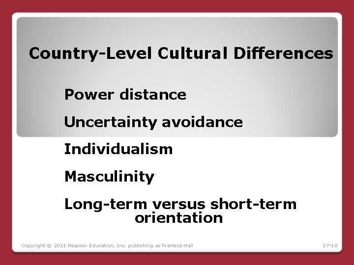 Country-Level Cultural Differences Power distance Uncertainty avoidance Individualism Masculinity Long-term versus short-term orientation Copyright Country-Level Cultural Differences Power distance Uncertainty avoidance Individualism Masculinity Long-term versus short-term orientation Copyright