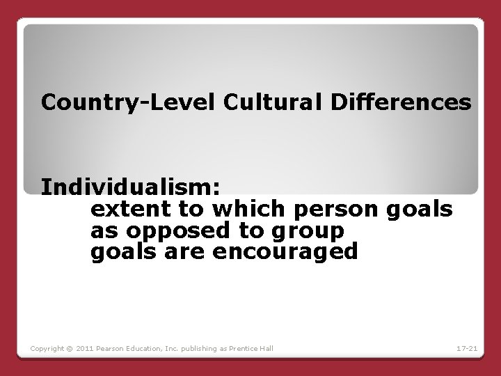 Country-Level Cultural Differences Individualism: extent to which person goals as opposed to group goals Country-Level Cultural Differences Individualism: extent to which person goals as opposed to group goals