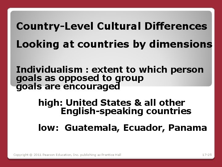 Country-Level Cultural Differences Looking at countries by dimensions Individualism : extent to which person Country-Level Cultural Differences Looking at countries by dimensions Individualism : extent to which person