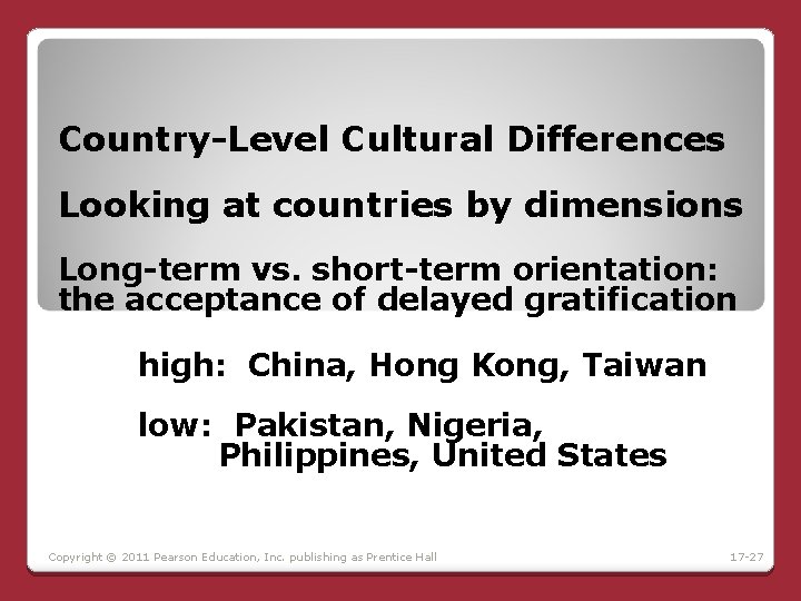 Country-Level Cultural Differences Looking at countries by dimensions Long-term vs. short-term orientation: the acceptance Country-Level Cultural Differences Looking at countries by dimensions Long-term vs. short-term orientation: the acceptance