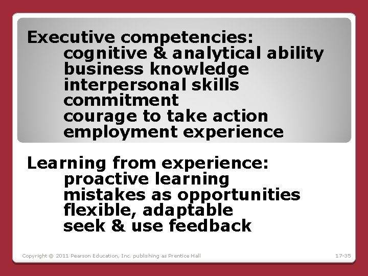 Executive competencies: cognitive & analytical ability business knowledge interpersonal skills commitment courage to take Executive competencies: cognitive & analytical ability business knowledge interpersonal skills commitment courage to take