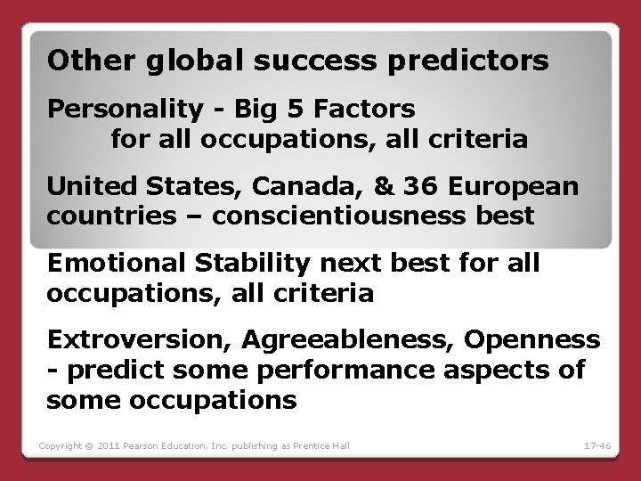 Other global success predictors Personality - Big 5 Factors for all occupations, all criteria Other global success predictors Personality - Big 5 Factors for all occupations, all criteria