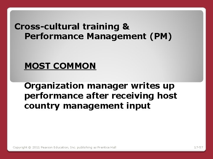 Cross-cultural training & Performance Management (PM) MOST COMMON Organization manager writes up performance after Cross-cultural training & Performance Management (PM) MOST COMMON Organization manager writes up performance after