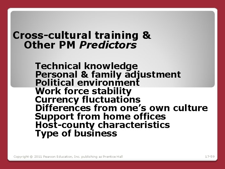Cross-cultural training & Other PM Predictors Technical knowledge Personal & family adjustment Political environment Cross-cultural training & Other PM Predictors Technical knowledge Personal & family adjustment Political environment