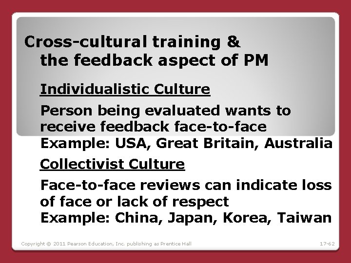Cross-cultural training & the feedback aspect of PM Individualistic Culture Person being evaluated wants Cross-cultural training & the feedback aspect of PM Individualistic Culture Person being evaluated wants