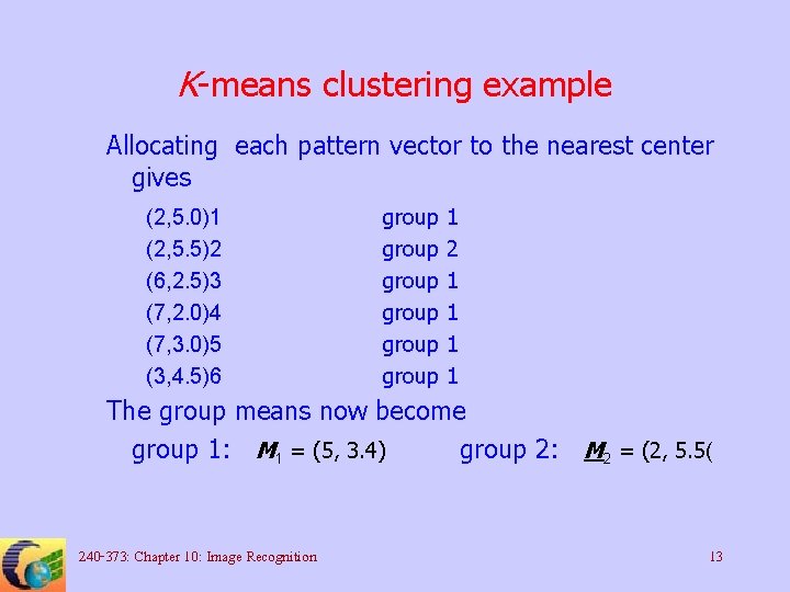 K-means clustering example Allocating each pattern vector to the nearest center gives (2, 5.