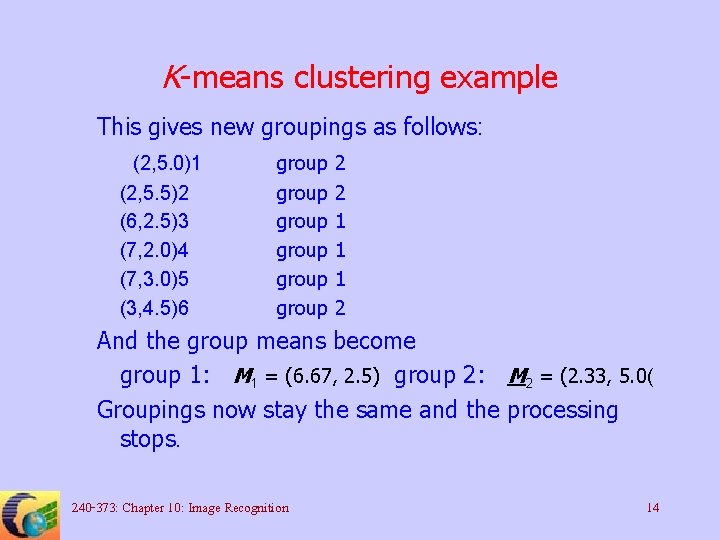 K-means clustering example This gives new groupings as follows: (2, 5. 0)1 (2, 5.