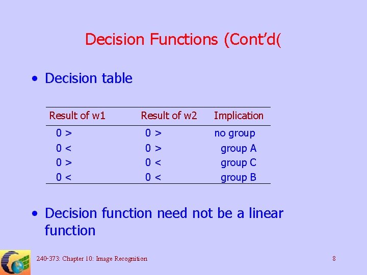 Decision Functions (Cont’d( • Decision table Result of w 1 0 0 > <