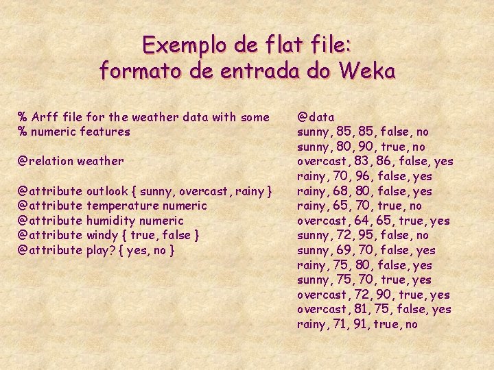 Exemplo de flat file: formato de entrada do Weka % Arff file for the