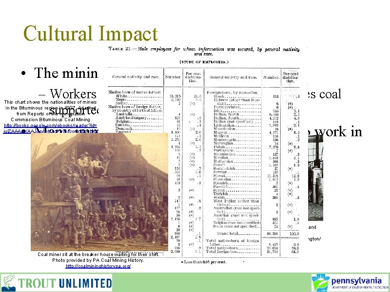 Cultural Impact • The mining of coal required many workers – Workers were also