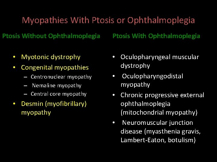 Myopathies With Ptosis or Ophthalmoplegia Ptosis Without Ophthalmoplegia Ptosis With Ophthalmoplegia • Myotonic dystrophy