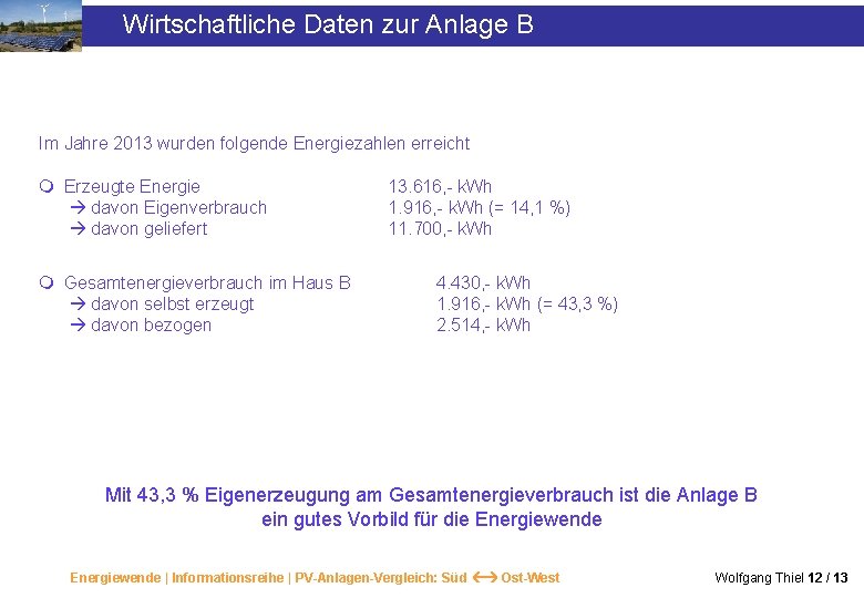 Wirtschaftliche Daten zur Anlage B Im Jahre 2013 wurden folgende Energiezahlen erreicht m Erzeugte