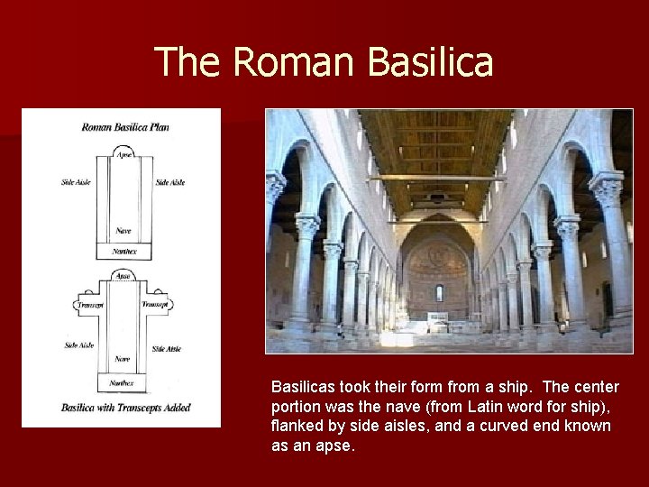 The Roman Basilicas took their form from a ship. The center portion was the The Roman Basilicas took their form from a ship. The center portion was the