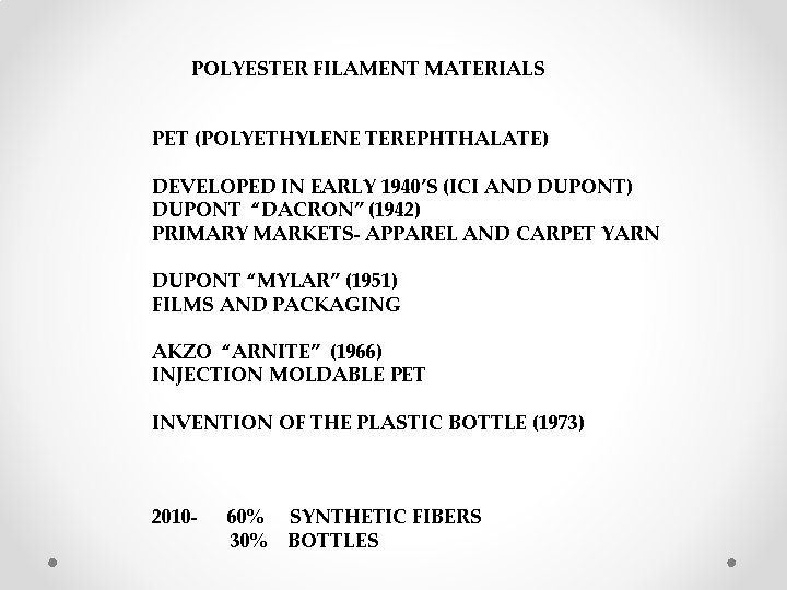 POLYESTER FILAMENT MATERIALS PET (POLYETHYLENE TEREPHTHALATE) DEVELOPED IN EARLY 1940’S (ICI AND DUPONT) DUPONT