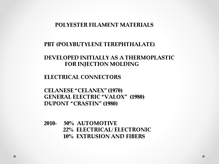 POLYESTER FILAMENT MATERIALS PBT (POLYBUTYLENE TEREPHTHALATE) DEVELOPED INITIALLY AS A THERMOPLASTIC FOR INJECTION MOLDING