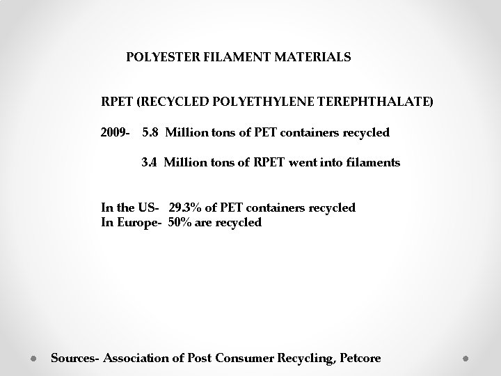 POLYESTER FILAMENT MATERIALS RPET (RECYCLED POLYETHYLENE TEREPHTHALATE) 2009 - 5. 8 Million tons of