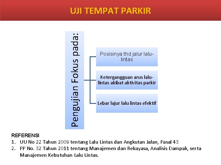 Pengujian Fokus pada: UJI TEMPAT PARKIR REFERENSI Posisinya thd jalur lalulintas Ketergangguan arus lalulintas Pengujian Fokus pada: UJI TEMPAT PARKIR REFERENSI Posisinya thd jalur lalulintas Ketergangguan arus lalulintas