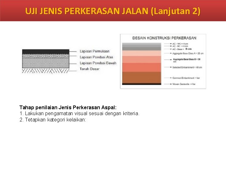 UJI JENIS PERKERASAN JALAN (Lanjutan 2) Tahap penilaian Jenis Perkerasan Aspal: 1. Lakukan pengamatan