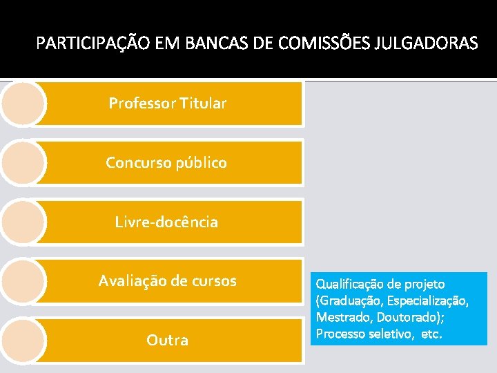 PARTICIPAÇÃO EM BANCAS DE COMISSÕES JULGADORAS Professor Titular Concurso público Livre-docência Avaliação de cursos